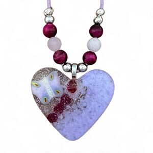 Heart Glass Fused Pendant Necklace. Leather cord